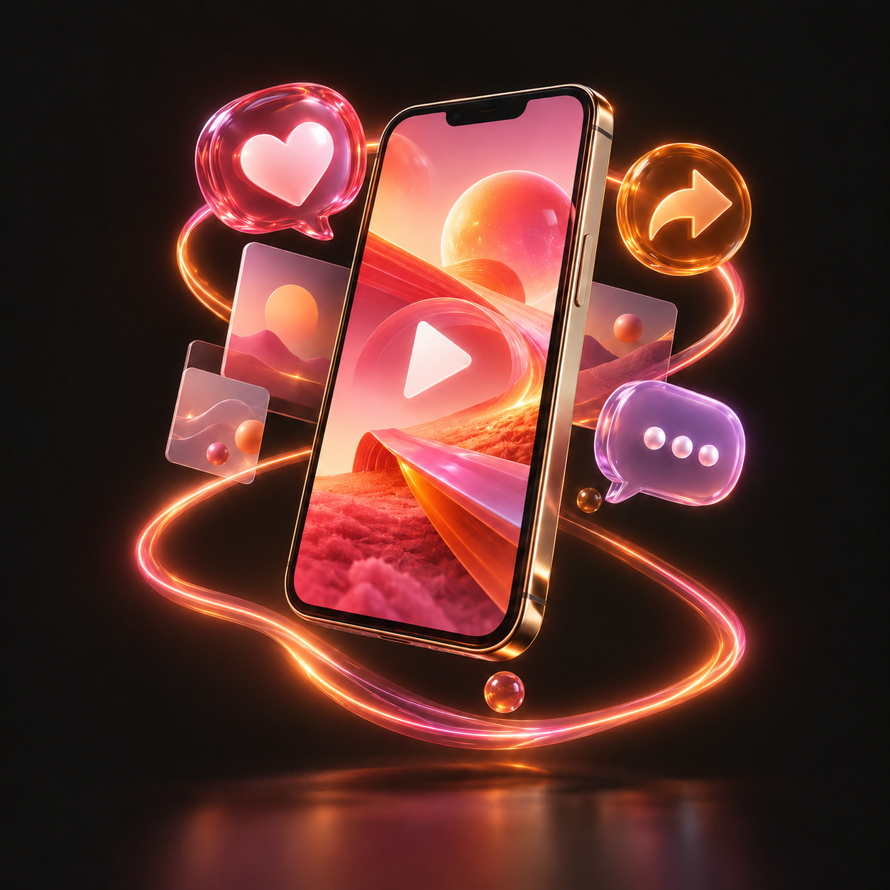 Floating smartphone surrounded by Instagram, TikTok, like, share and chat icons with glowing light ribbons